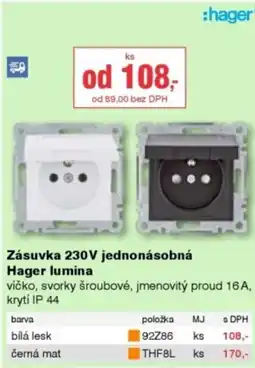 DEK Zásuvka 230V jednonásobná Hager lumina nabídka
