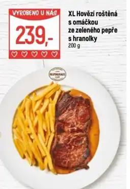 Globus XL Hovězí roštěná s omáčkou ze zeleného pepře s hranolky nabídka