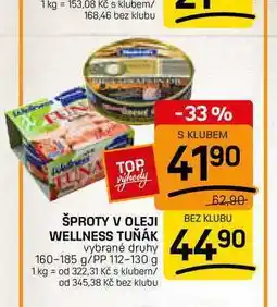 Flop ŠPROTY V OLEJI WELLNESS TUŇÁK vybrané druhy 160-185 g/PP 112-130 g nabídka