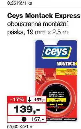 Barvy a laky drogerie Ceys Montack Express oboustranná montážní páska, 19 mm x 2,5 m nabídka