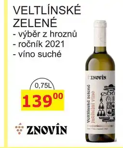 BENE Nápoje ZNOVÍN ZNOJMO 0,75L VELTLÍNSKÉ ZELENÉ výběr z hroznů, ročník 2021, víno suché nabídka