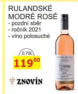 BENE Nápoje ZNOVÍN ZNOJMO 0,75L RULANDSKÉ MODRÉ ROSÉ pozdní sběr, ročník 2021, víno polosuché nabídka