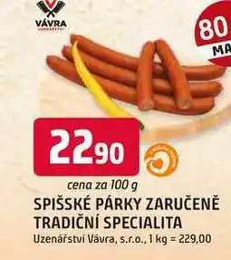 Trefa SPIŠSKÉ PÁRKY nabídka