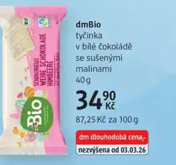 dm drogerie DmBio tyčinka v bílé čokoládě se sušenými malinami nabídka