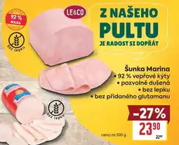 Billa Šunka Marina 92 % vepřové kýty pozvolně dušená bez lepku bez přidaného glutamanu cena za nabídka