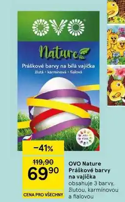 Tesco OVO Nature Práškové barvy na vajíčka, obsahuje 3 barvy, žlutou, karmínovou a fialovou nabídka