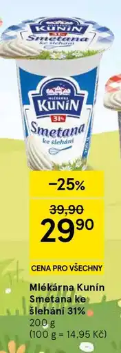Tesco Mlékárna Kunín Smetana ke šlehání 31% nabídka