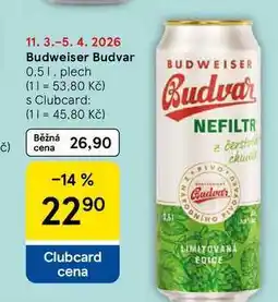 Tesco Budweiser Budvar nefiltr, 0,5 l, plech nabídka