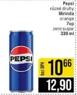 Jip Pepsi různé druhy Mirinda orange 7up zero sugar nabídka