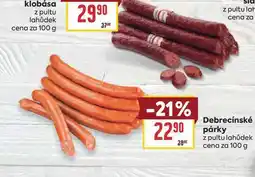 Billa Debrecínské párky z pultu lahůdek cena za nabídka