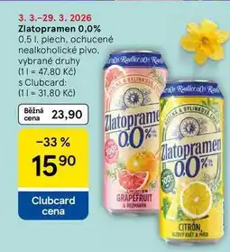 Tesco Zlatopramen 0,0%, 0,5 l, plech, ochucené nealkoholické pivo nabídka