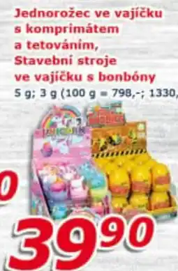 ESO MARKET Jednorožec ve vajíčku s komprimátem a tetováním, Stavební stroje ve vajíčku s bonbóny nabídka