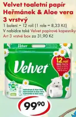 CBA Velvet toaletní papír Heřmánek & Aloe vera 3 vrstvý, 12 rolí nabídka