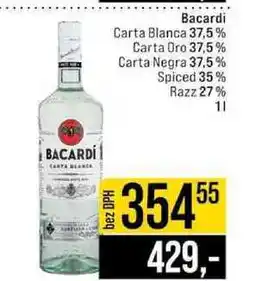 Jip Bacardi Carta Blanca 37,5% Carta Oro 37,5% Carta Negra 37,5 % Spiced 35% Razz 27% nabídka