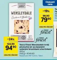 Tesco Tesco finest wensleydale tvrdý plnotučný sýr se slazenými sušenými brusinkami a borůvkami nabídka
