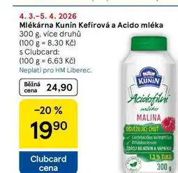 Tesco Mlékárna Kunín Kefírová a Acido mléka, 300 g, více druhů nabídka
