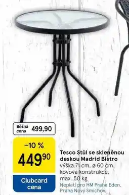 Tesco Tesco Stůl se skleněnou deskou Madrid Bistro, výška 71 cm. 60 cm. kovová konstrukce, max nabídka