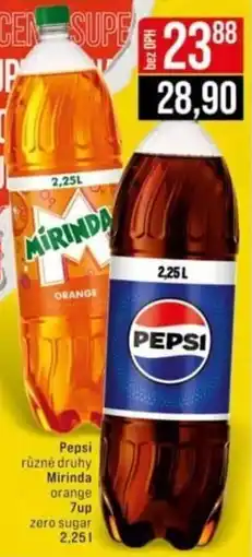 Jip Pepsi různé druhy Mirinda orange 7up zero sugar nabídka