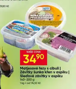 Hruška Matjesové řezy s cibulí | Závitky šunka křen v aspiku | Sled'ové závitky v aspiku nabídka
