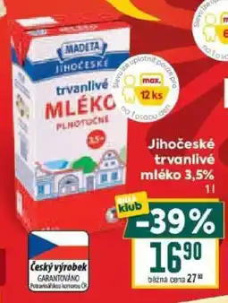 Billa Jihočeské Trvanlivé mléko 3,5% nabídka