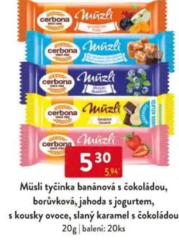 Qanto Müsli tyčinka banánová s čokoládou, borůvková, jahoda s jogurtem, s kousky ovoce, slaný karamel s čokoládou nabídka