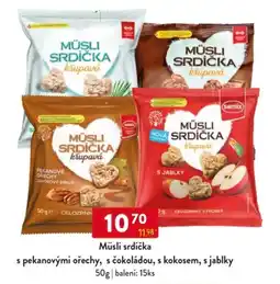 Qanto Müsli srdíčka s pekanovými ořechy, s čokoládou, s kokosem, s jablky nabídka