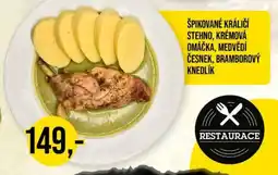 Jip Špikované králičí stehno, krémová omáčka. medvědí česnek, bramborový knedlík nabídka
