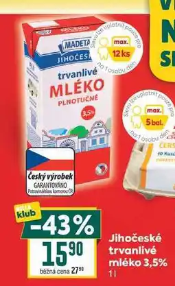 Billa Jihočeské trvanlivé mléko 3,5% nabídka