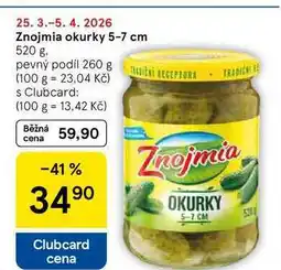 Tesco Znojmia okurky 5-7 cm, 520 g, pevný podíl 260 g nabídka