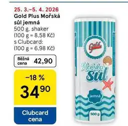 Tesco Gold Plus Mořská sůl jemná, 500 g, shaker nabídka