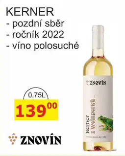 BENE Nápoje KERNER pozdní sběr - ročník 2022, víno polosuché nabídka