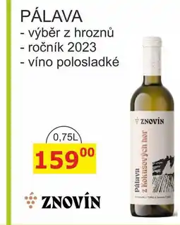 BENE Nápoje ZNOVÍN ZNOJMO 0,75L PÁLAVA výběr z hroznů ročník 2023, víno polosladké nabídka