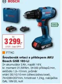 DEK Šroubovák vrtací s příklepem AKU Bosch GSB 183-LI nabídka