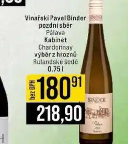 Jip Vinařski Pavel Binder pozdní sběr Pálava Kabinet Chardonnay výběr z hroznů Rulandské šedé nabídka