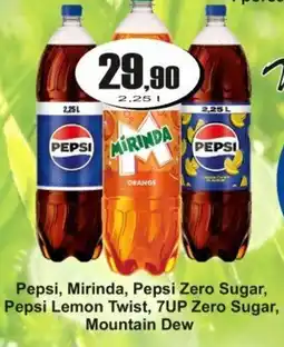 Adam Pepsi, Mirinda, Pepsi Zero Sugar, Pepsi Lemon Twist, 7UP Zero Sugar, Mountain Dew nabídka