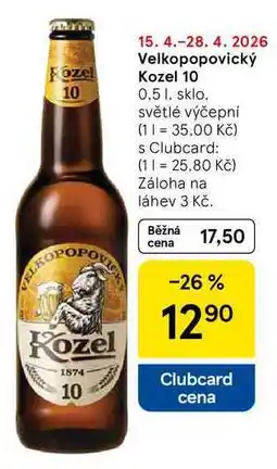 Tesco Velkopopovický Kozel 10, 0,5 l, sklo, světlé výčepní nabídka