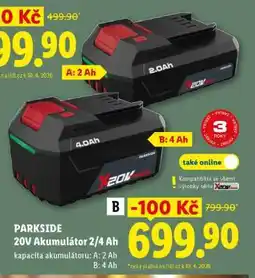 Lidl PARKSIDE 20V Akumulátor 2/4 Ah nabídka