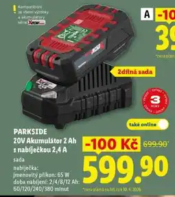 Lidl PARKSIDE 20V Akumulátor 2 Ah s nabíječkou 2,4 A nabídka