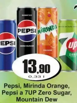 Adam Pepsi, Mirinda Orange, Pepsi a 7UP Zero Sugar, Mountain Dew nabídka