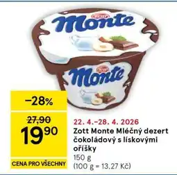 Tesco Zott Monte Mléčný dezert čokoládový s lískovými oříšky nabídka