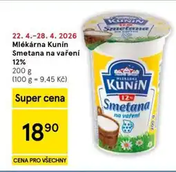 Tesco Mlékárna Kunín Smetana na vaření 12% nabídka