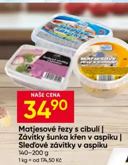 Hruška Matjesové řezy s cibulí | Závitky šunka křen v aspiku | Sleďové závitky v aspiku nabídka