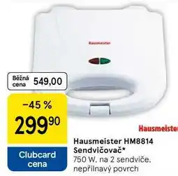 Tesco Hausmeister HM8814 Sendvičovač, 750 W. na 2 sendviče, nepřilnavý povrch nabídka