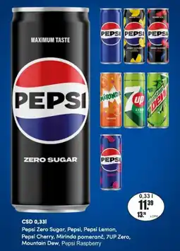 Adam Pepsi Zero Sugar, Pepsi, Pepsi Lemon, Pepsi Cherry, Mirinda pomeranč, 7UP Zero, Mountain Dew, Pepsi Raspberry nabídka