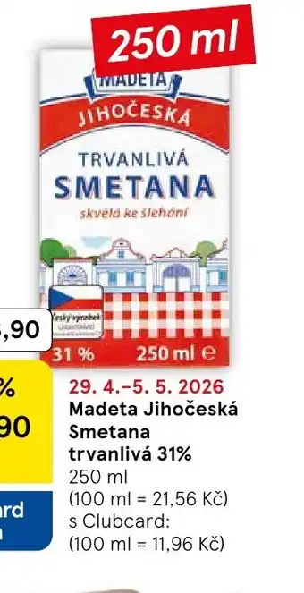 Tesco Madeta Jihočeská Smetana trvanlivá 31% nabídka