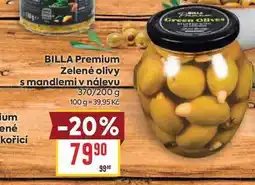 Billa BILLA Premium Zelené olivy s mandlemi v nálevu 370/200 g nabídka