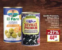 Billa Seville Premium, El Faro Olivy černé, zelené, bez pecky, plněné 350/150 g nabídka