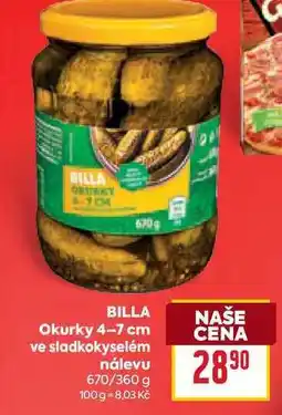 Billa BILLA Okurky 4-7 cm ve sladkokyselém nálevu 670/360 g nabídka
