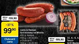 Tesco Láda Grileman Gril klobásy od Mistra, 450 g, balená nabídka