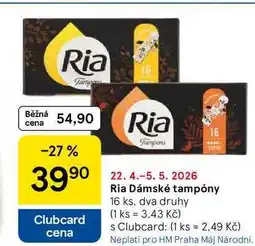 Tesco Ria Dámské tampóny, 16 ks, dva druhy nabídka
